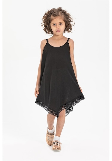 Çağla Şile Bezi Kız Çocuk Elbise Siyah Syh