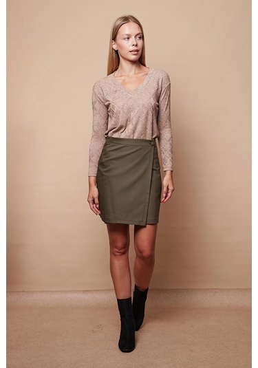 Kadın Yüksek Bel Kruvaze Model Hafif Likralı Şık Kumaş Ofis Kalem Etek-haki Haki