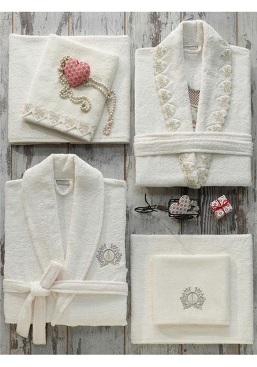 Dantela Love Fransız Güpürlü Bornoz Seti Krem Krem (541550495) Krem