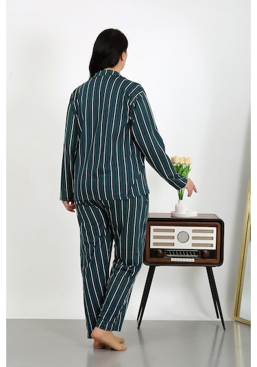 Akbeniz Kadın Büyük Beden Pamuklu Cepli Düğmeli Petrol Pijama Takım 202504 Petrol