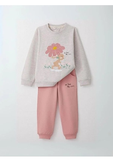Kız Çocuk Çiçek Desenli Pamuklu Eşofman Takım-14584 Gri