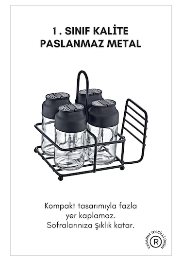Perla Metal Standlı Peçetelikli 4'lü Çift Kapaklı Cam Baharatlık