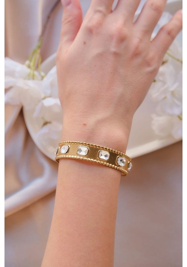 Gold Vintage Baget Zirkon Taşlı Çelik Kelepçe Bileklik Gold