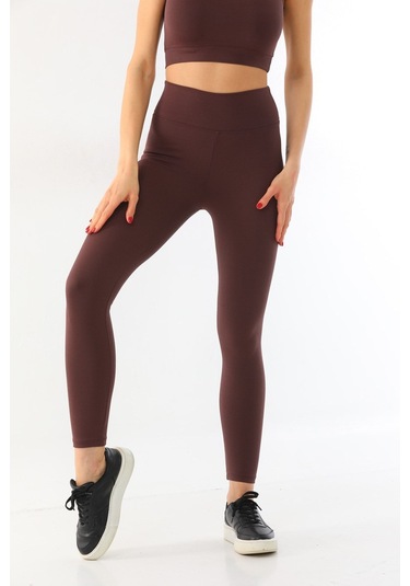 Kallima Kahverengi Toparlayıcı Yüksek Bel Fitilli Tayt-crop Takım Kahverengi