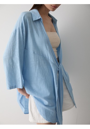 Mavi Flam Keten Kimono Gömlek Mavi