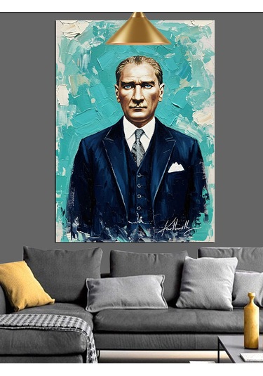 Mavi Fonlu Mustafa Kemal Atatürk Portresi Dekoratif Kanvas - Mdf Ahşap Tablo