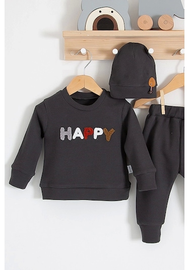 Babydonat Happy Nakışlı 2'li Pamuklu Erkek Bebek Takım Siyah