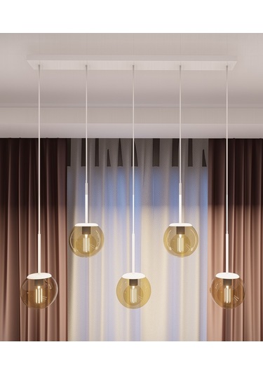 Dora Beyaz Metal Gövdeli 5'li Bal Rengi Cam Avize