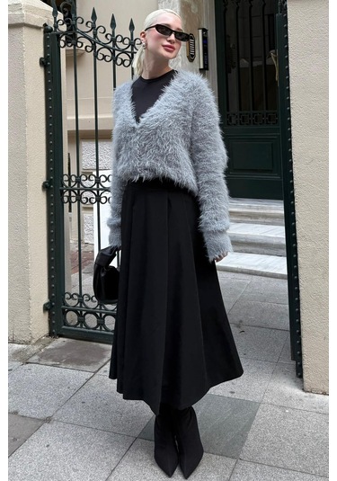 Siyah Pileli Cepli Kadın Midi Boy Etek Mg2536 Siyah