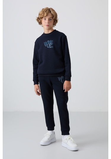 Lacivert Pamuklu Kalın İçi Tüylü Yumuşak Dokulu Standart Fit Baskılı Erkek Çocuk Eşofman Takım - 11 Lacivert
