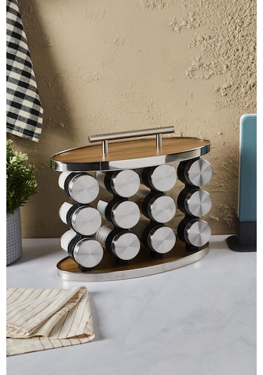 Ahşap Döner Standlı Oval Cam Metal Kapaklı Casa Wood 12 Li Standlı Baharatlık Düzenleyici Ahşap - Gri