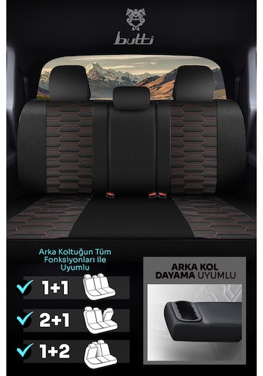 Siyah - Kırmızı Butti Libro Serisi Keten Kumaş Premium Oto Koltuk Kılıfı Destekli, Ön Arka Tam Set