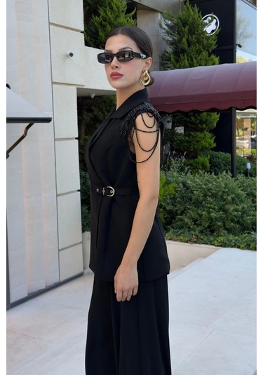 Omuz İşleme Detaylı Asimetrik Abiye Takım 2389-siyah Siyah