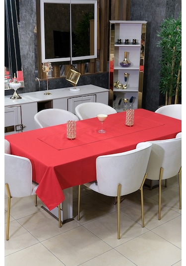 Dream 8 Parça Masa Örtüsü Seti Çeyiz Seti Salon Masa Örtüsü, Runner, 6'lı Peçete Kırmızı