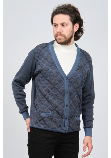 Çizgi Triko Erkek Cep Detaylı Desenli Hırka 42534235 Mavi-Mavi