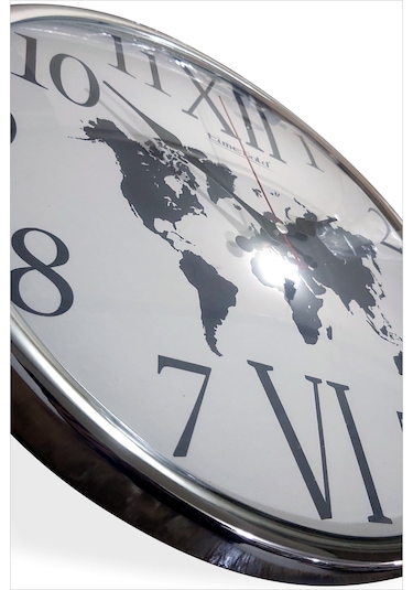 Parlak Metalik Kromajlı Çerçeve Bombe Camlı 36 Cm Duvar Saati Metal - Beyaz