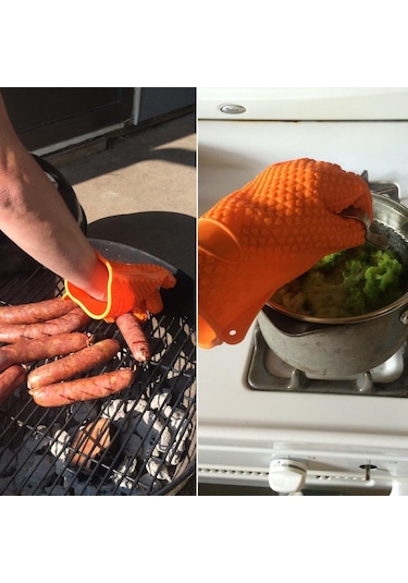 Folinda Islak Isıya Dayanıklı Silikon Eldivenler - Barbekü, Pişirme, Kamp İçin 446 F Isı Direnci - Kırmızı Renk Kırmızı