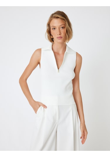 Koton Polo Yaka Kolsuz Triko Üst Yarım Fermuar Detaylı Fitilli Ekru 5wak30020ht