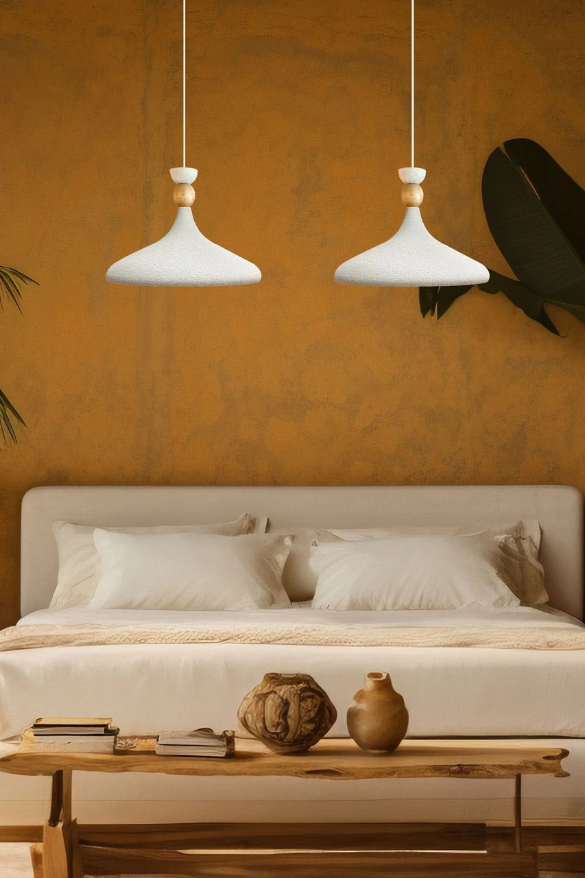 Dokulu Açık Krem Ahşap Şapka Tekli Avize Sarkıt Salon Mutfak Cafe Butik Lamba Aydınlatma Avizeler Dokulu Açık Krem