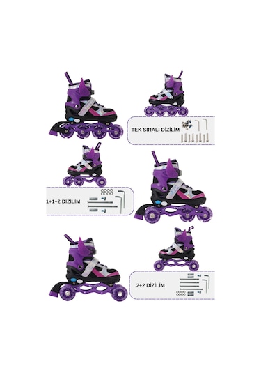 Melek Kanatlı Işıklı Çocuk Pateni Silikon Teker Ayarlanabilir Paten Taşıma Çantalı Mor Mor