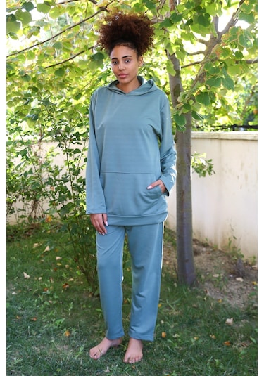 Akbeniz Kadın Pamuk Kapşonlu Cepli 3 İplik Petrol Eşofman Takım 9037-petrol Petrol