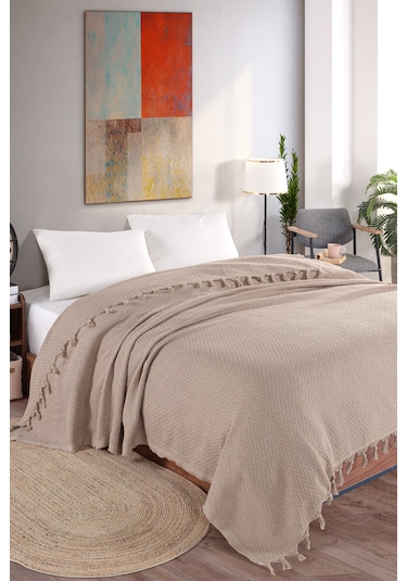 Assos 220x220cm Çift Kişilik Saçaklı Yatak Örtüsü Çeyizlik He Bej