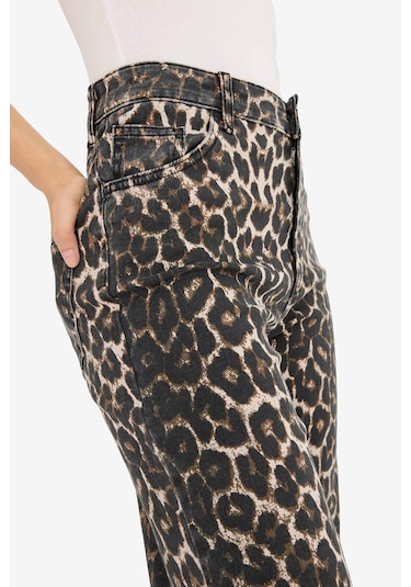 Defacto Straight Fit Yüksek Bel Leopar Desenli Uzun Boy Gabardin Pantolon D1229ax25aubk81 Siyah