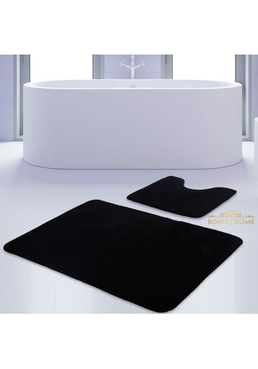 Bonny Home Unicolor Düz Siyah 2li Banyo Paspası Halısı Seti Kaymaz Siyah