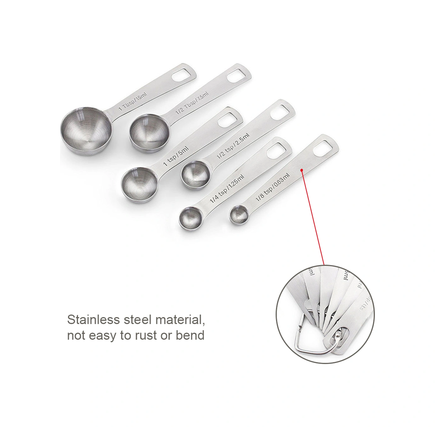 Youtek 6'lı Paslanmaz Çelik Ölçü Kaşığı Seti - Hassas Ölçüm, Gölgeli Markalar, D-ring İle Birleşik - Hamur İşleme, Baharat Ve Likit Malzemeler İçin Diğer