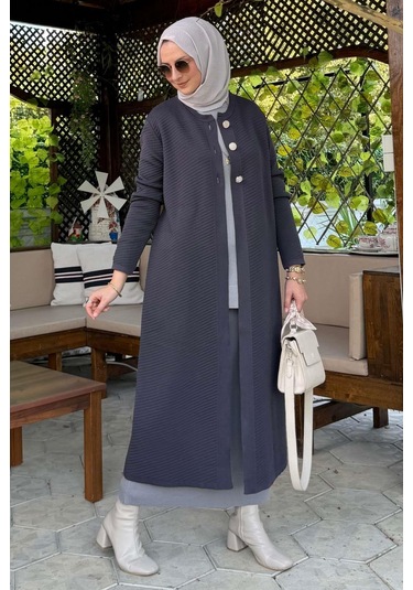 Sinem Çelik Örme Triko Hırka Antrasit Çok Renkli