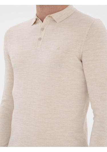 Cacharel Bej Slim Fit Yün Karışımlı Polo Yaka Basic Triko Kazak