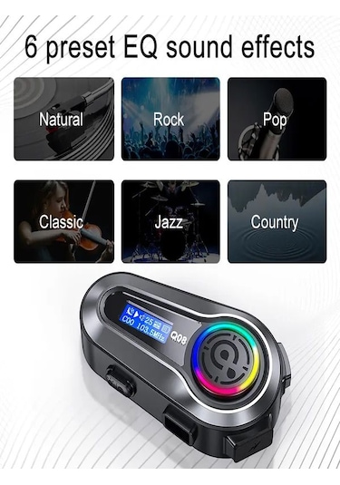 Q008 Lcd Fm Radio Eq Ses Ipx6 Su Geçirmez Rgb Işıklı Bluetooth Motosiklet Kask Kulaklığı
