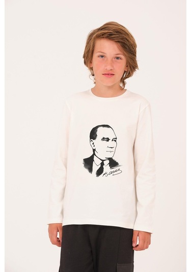 Unisex Çocuk Atatürk Baskılı Uzun Kollu T-shirt - Beyaz Beyaz