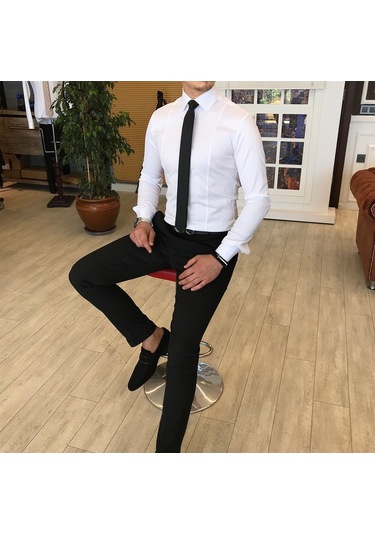 Italyan Stil Slim Fit Erkek Kravat Yaka Gömlek Beyaz T4775