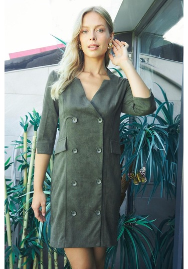 Kadın Kadife Likralı Yumuşak Dokulu Kruvaze Kapri Truvakar Kol Kolu Yırtmaçlı Ofis Ceket Elbise-haki Haki