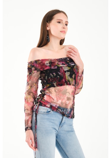 Düşük Omuz Büzgülü Bluz Pembe