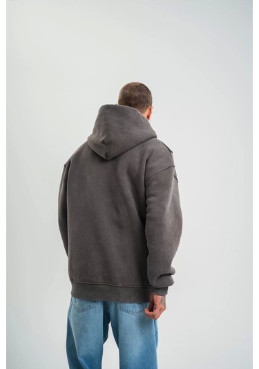 Unisex Uzun Kol Kapşonlu Yıkamalı Nakışlı Sweatshirt - Füme Füme