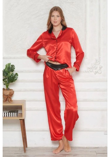 Angel's Story 1202 Kadın Saten Uzun Kollu Gömlek Pijama Takım-kırmızı Kırmızı