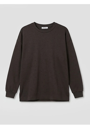 Lc Waikiki Kahverengi Taşlı Soft Touch Oversize Kadın Sweatshirt