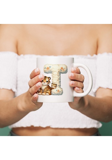 T Harfi Tasarım Bardak, Sevimli Hayvan Temalı Harf Bardağı Beyaz