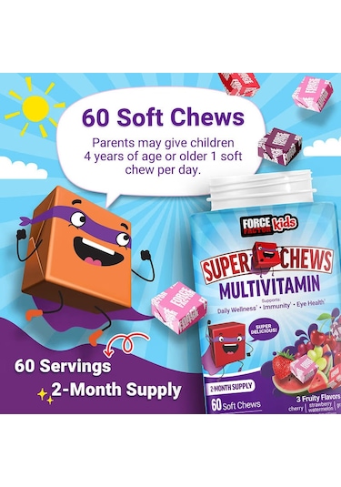 Force Factor Kids Super Chews Multivitamin Cherry Strawberry Watermelon Grape 60 Soft Chews