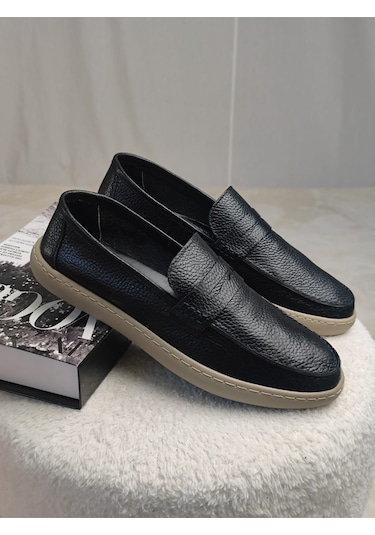 Muggo Harnaz Bağcıksız Hakiki Deri Erkek Günlük Casual Ayakkabı Siyah