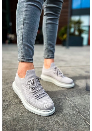 Pabucmarketi Bağcık Detaylı Triko Kumaş Erkek Spor Ayakkabı Gri Çok Renkli