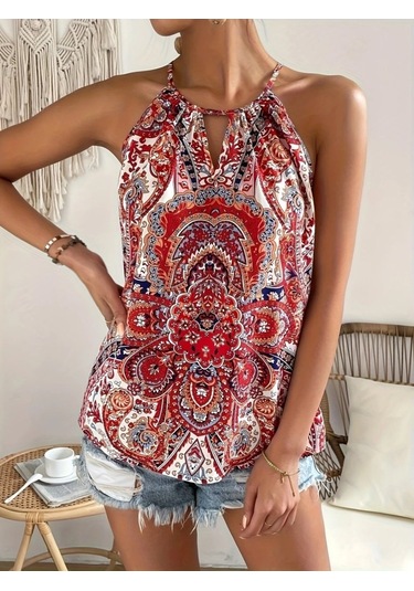 Leyla Sanat Sanata Yeni Bir Bakış Açısı Kadın Halter Kollu Damla Detaylı Desenli Süprem Bluz Kırmızı