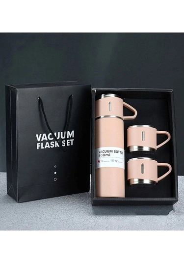 Üç Bardaklı Kutulu Paslanmaz Termos Seti Ekru 500 ML Çelik Termos