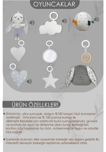 Mordesign Bebek Oyun Alanı, Tavşanlı Bebek Aktivite Matı, Yumuşak Oyun Matı, Baby Gym Serisi, Gri