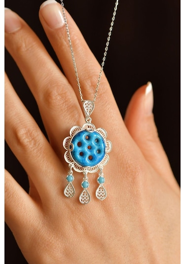 Firuze Taşlı Yedi Göz Süryani Nazarlığı Telkari Gümüş Kolye N10176
