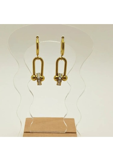 Silindir Uçlu Tiffany Çelik Küpe Altın - Gümüş