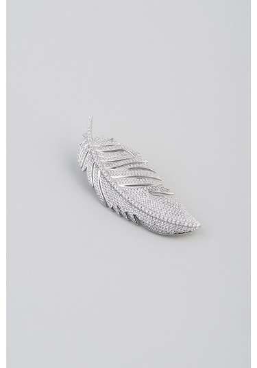 Baykuş Tüyü 18 Ayar Beyaz Altın Kaplama Gümüş Broş Beyaz