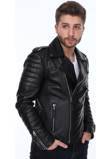 Hakiki Deri Siyah Manuel Fermuarlı Erkek Deri Ceket Siyah